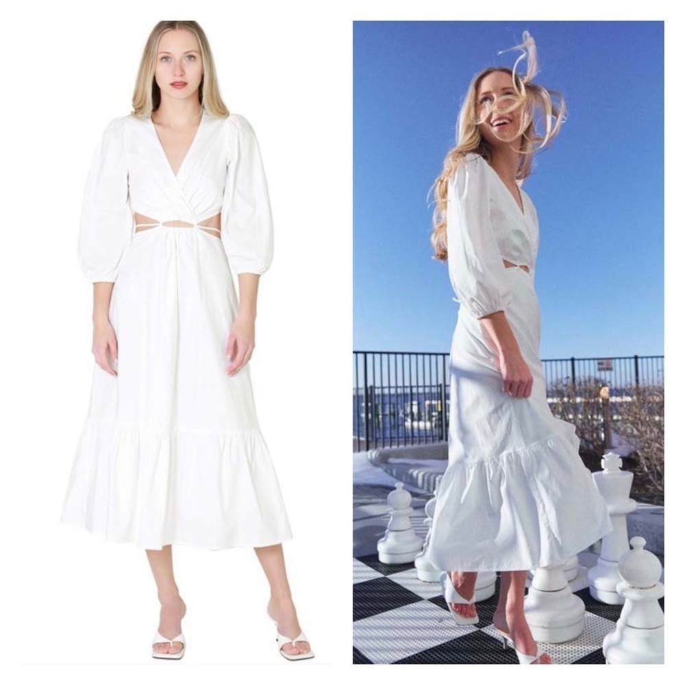 ASTR White Cutout Surplice Midi Dress Puff Sleeve Resort Vacation L NWT - Picture 7 of 14